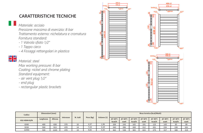 Termoarredo planar verticale bianco h 1243 x int. 470 mm