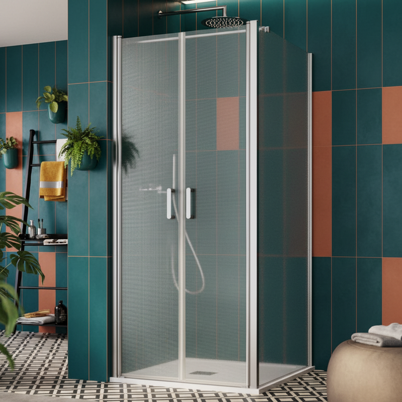 Box doccia angolare 80x80 con porta saloon e parete fissa in cristallo anticalcare opaco 6 mm e telaio in alluminio collezione Way by DocciaGo