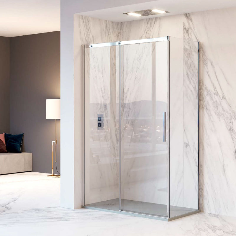 Box Doccia Angolare 140x80 con Porta scorrevole + Lato Fisso in Cristallo Temperato da 8 mm Anticalcare - DocciaGo  PureGlass