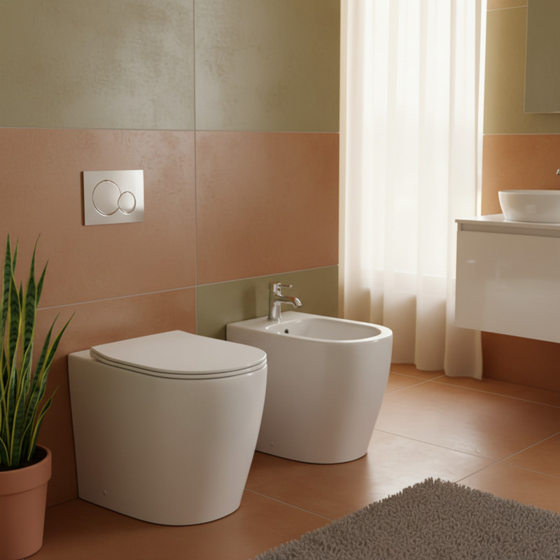 Sanitari filomuro Vortex BathCore con scarico tornado e copriwater soft-close