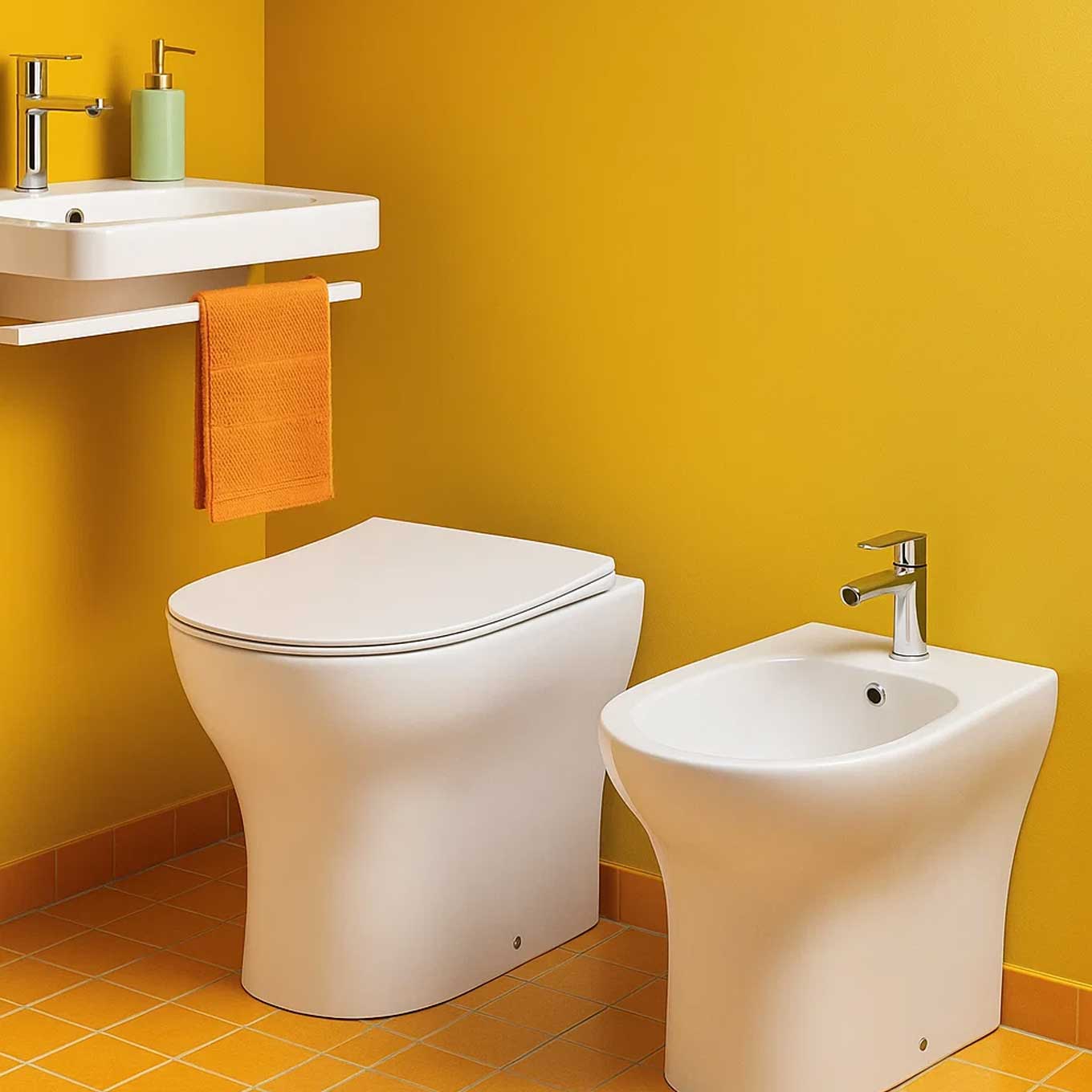 Coppia di sanitari filomuro collezione Ada  cm 36x49,7 senza brida con scarico universale e copriwater