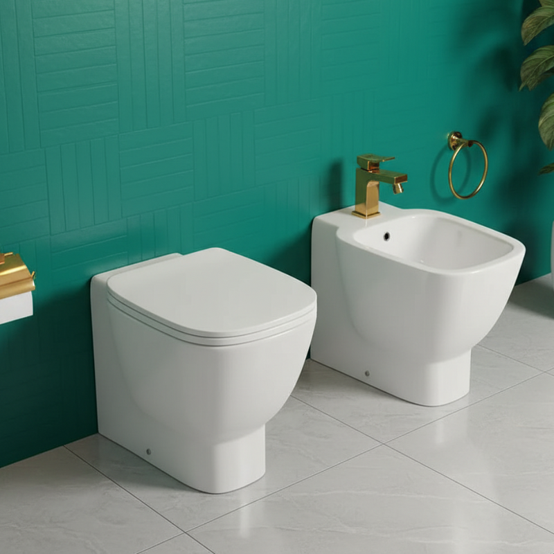 Sanitari filo muro moderni Rak One wc + bidet + sedile soft close in ceramica bianco lucido