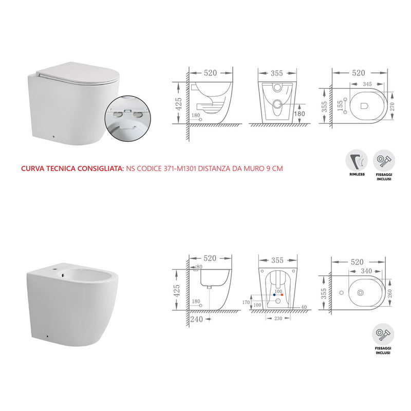 Sanitari filo muro senza brida BathCore Kover wc + bidet + sedile soft close