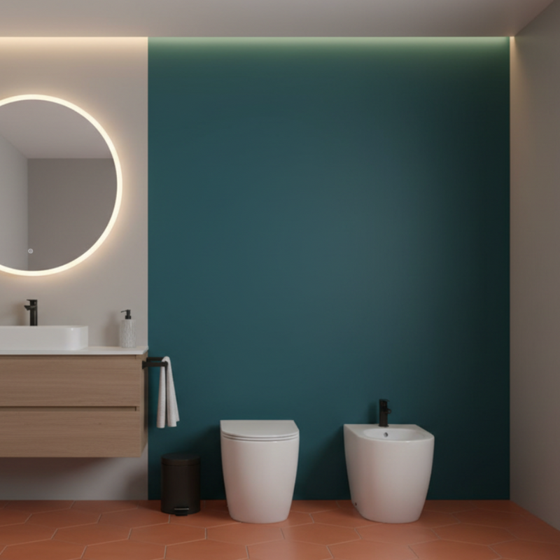 Sanitari filo muro senza brida scarico Traslato BathCore Kover wc + bidet + sedile soft close. Versione Comfort H50