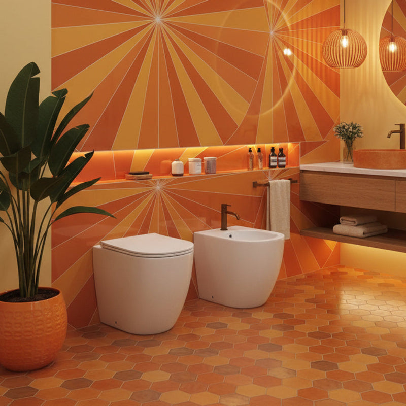 Sanitari filo muro senza brida scarico Traslato fino a 26 cm BathCore Kover wc + bidet + sedile soft close.