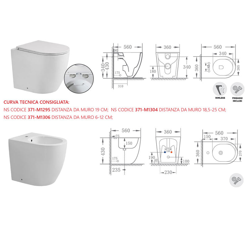Sanitari filo muro senza brida scarico Traslato fino a 26 cm BathCore Kover wc + bidet + sedile soft close.
