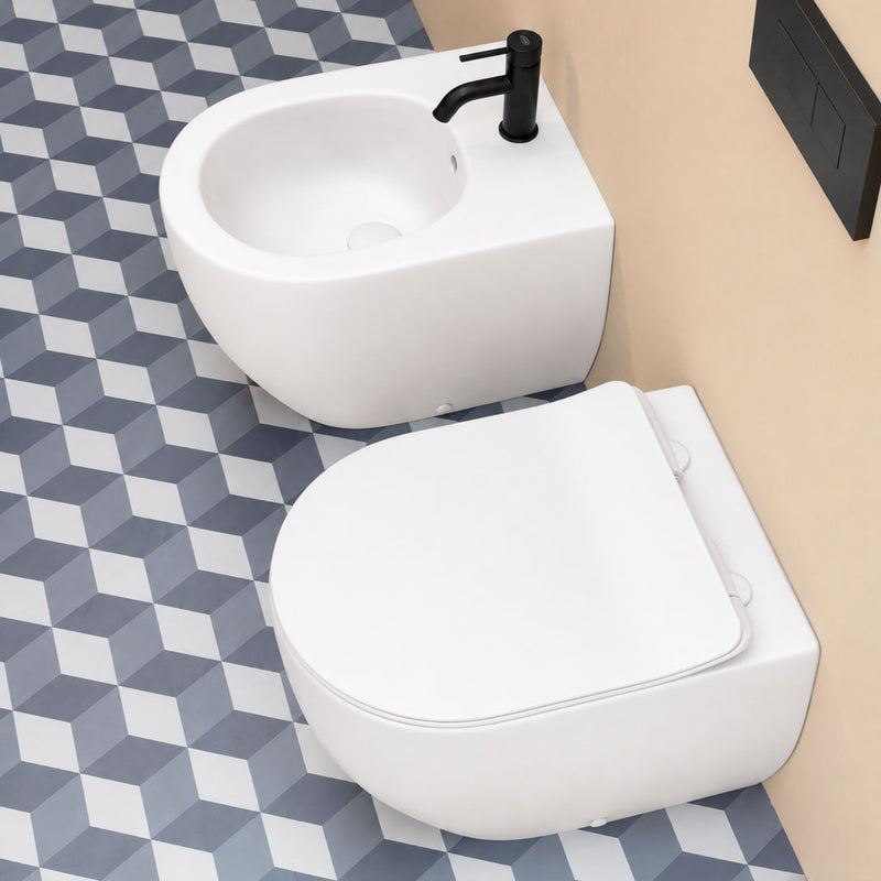 Set di sanitari filo muro senza brida in ceramica bianca lucida Axa collezione Glomp