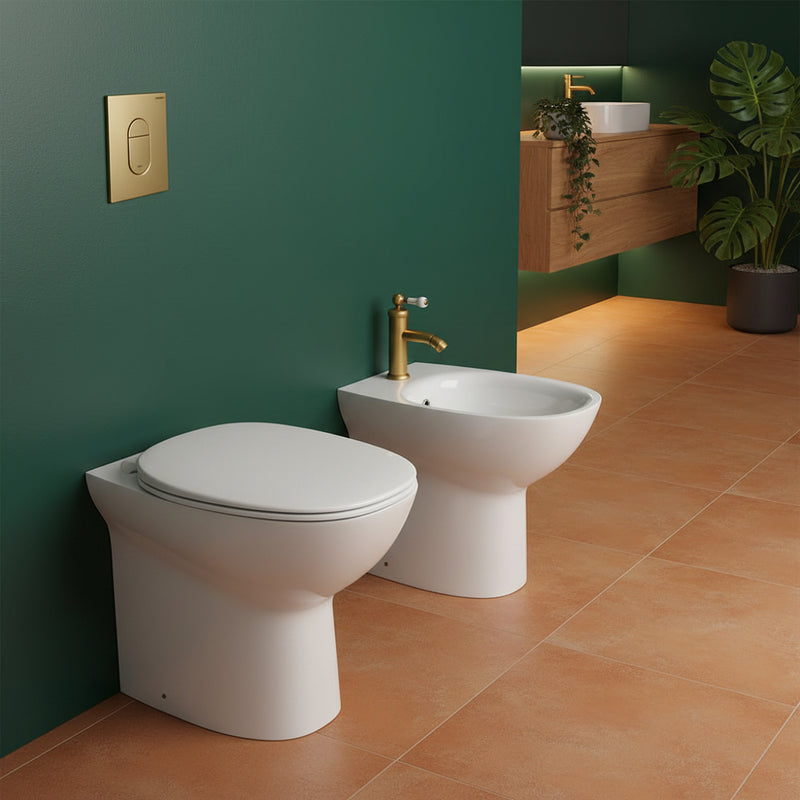 Sanitari filo muro senza Brida Rak Morning wc + bidet + sedile soft close in ceramica bianco lucido
