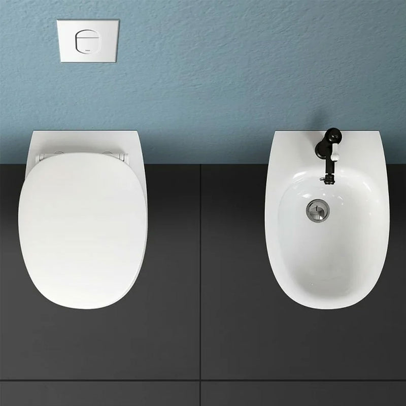 Sanitari filo muro senza Brida Rak Morning wc + bidet + sedile soft close in ceramica bianco lucido