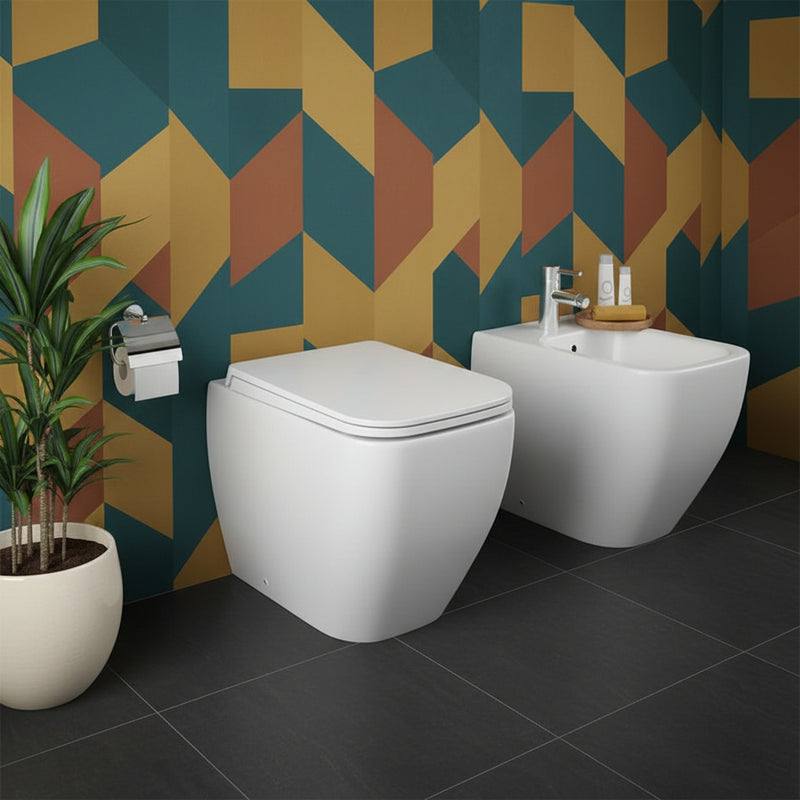 Sanitari filo muro senza Brida Rak Metropolitan wc + bidet + sedile soft close in ceramica bianco lucido