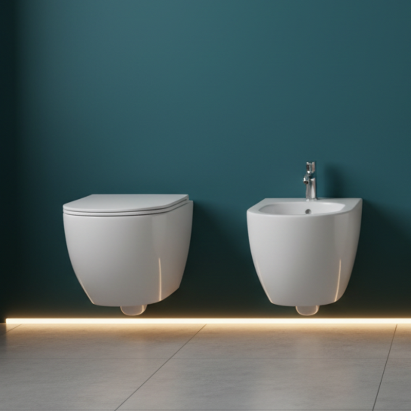 Sanitari sospesi senza brida BathCore Kover wc + bidet + sedile soft close
