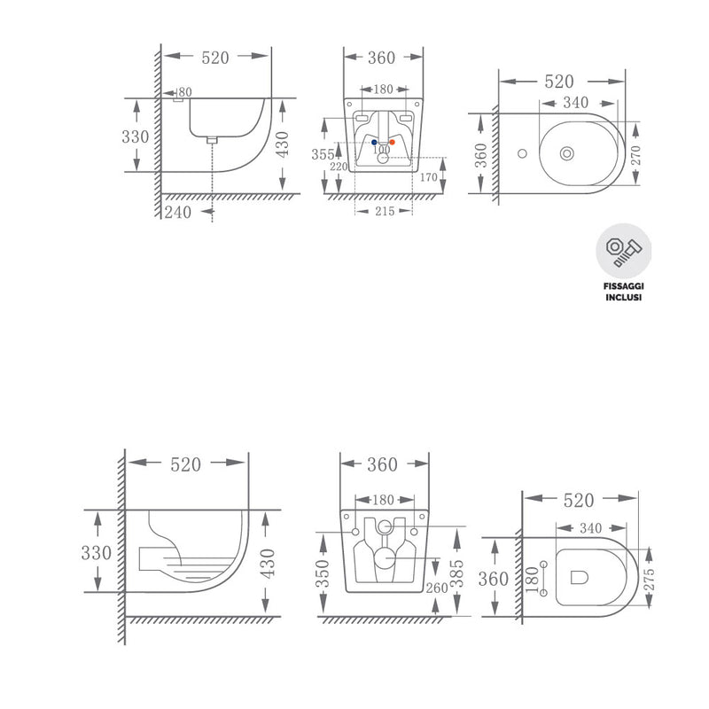 Sanitari sospesi senza brida BathCore Kover wc + bidet + sedile soft close