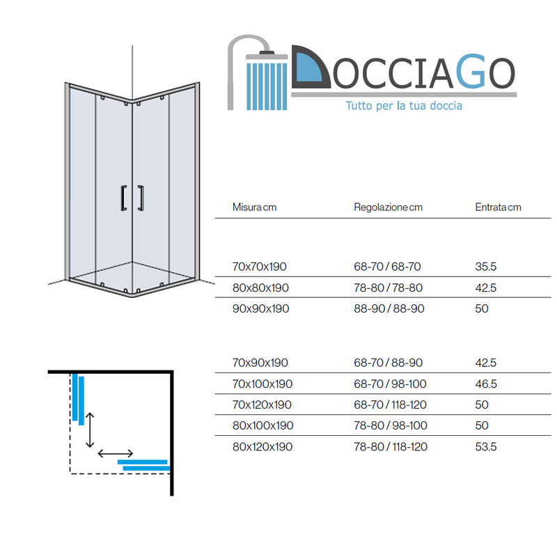 Box doccia angolare Perla Black 80x120 in alluminio verniciato nero e vetro anticalcare Smart Clean