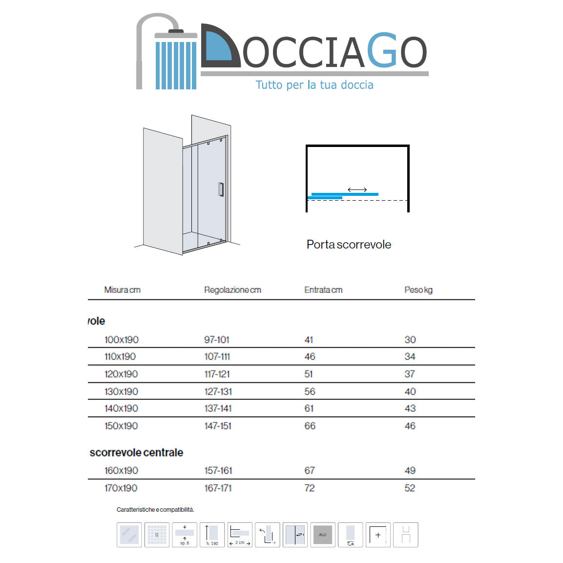 Porta scorrevole Perla 150 cm alluminio brillantato e cristallo trasparente anticalcare con anta sganciabile