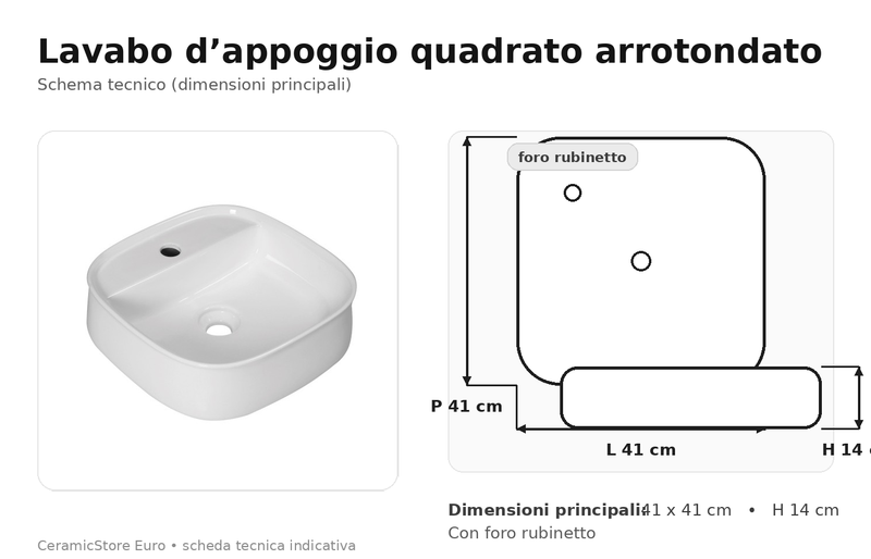 Lavabo da appoggio 41x41 in ceramica bianca con foro rubinetteria BathCore modello Aura 40