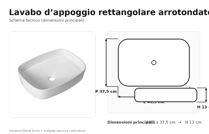 Lavabo da appoggio 49,5X37,5 in ceramica bianca BathCore modello Elara 50