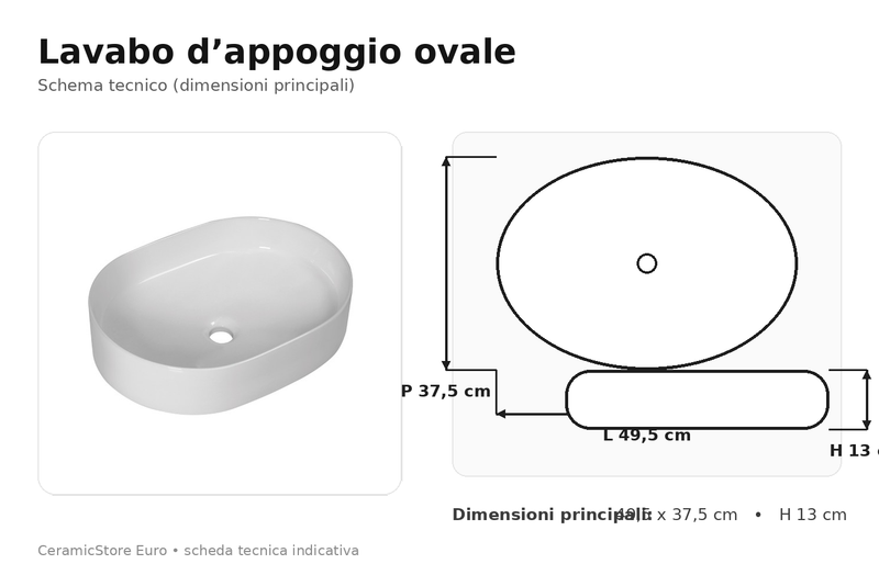 Lavabo da appoggio 50x37 in ceramica bianca BathCore modello Nova50