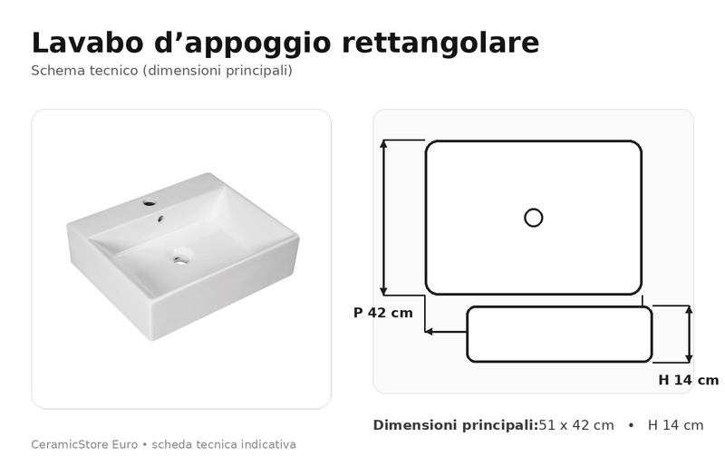 Lavabo da appoggio o sospeso in ceramica bianca con foro rubinetto modello Flos 51x42 BathCore