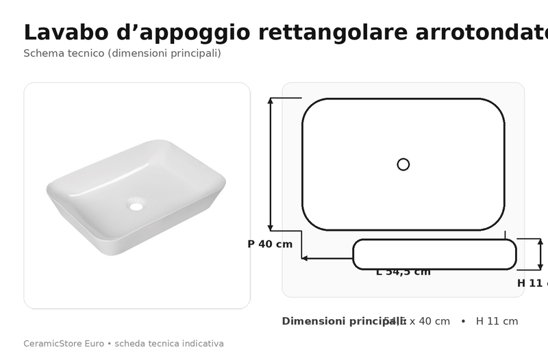 Lavabo da appoggio 54x40 in ceramica bianca BathCore modello ROS55