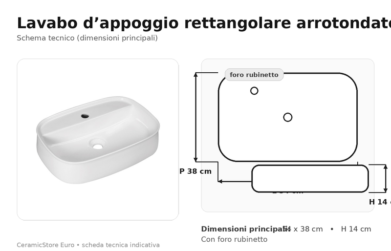 Lavabo da appoggio 54x38 in ceramica bianca con foro rubinetto BathCore modello Aura 55