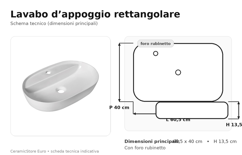 Lavabo da appoggio in ceramica bianca con foto rubinetto BathCore modello Ventus 60