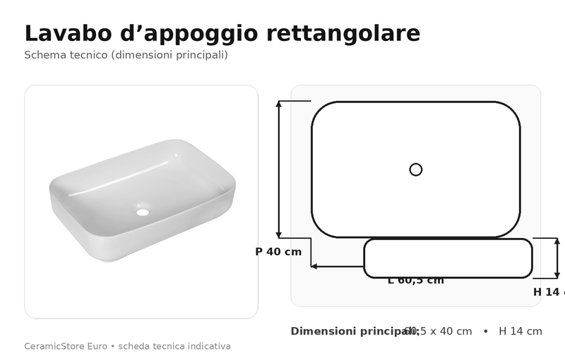 Lavabo da appoggio in ceramica bianca BathCore modello AGUA60