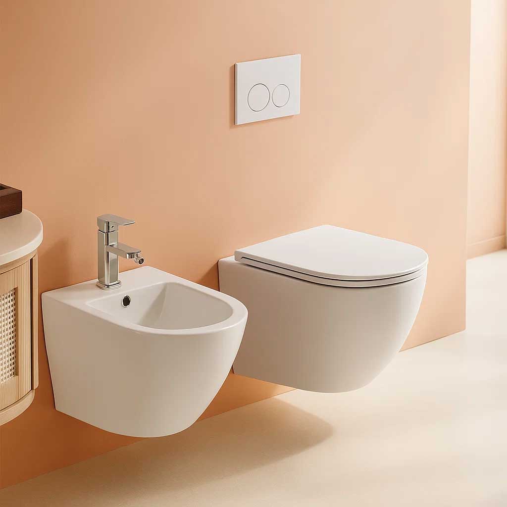 Hängende Badezimmer-Sanitäranlagen mit WC-Sitz BathCore Modell Serenity Rimless/Tornado Quiet 49,5x36,5 cm - Weiß