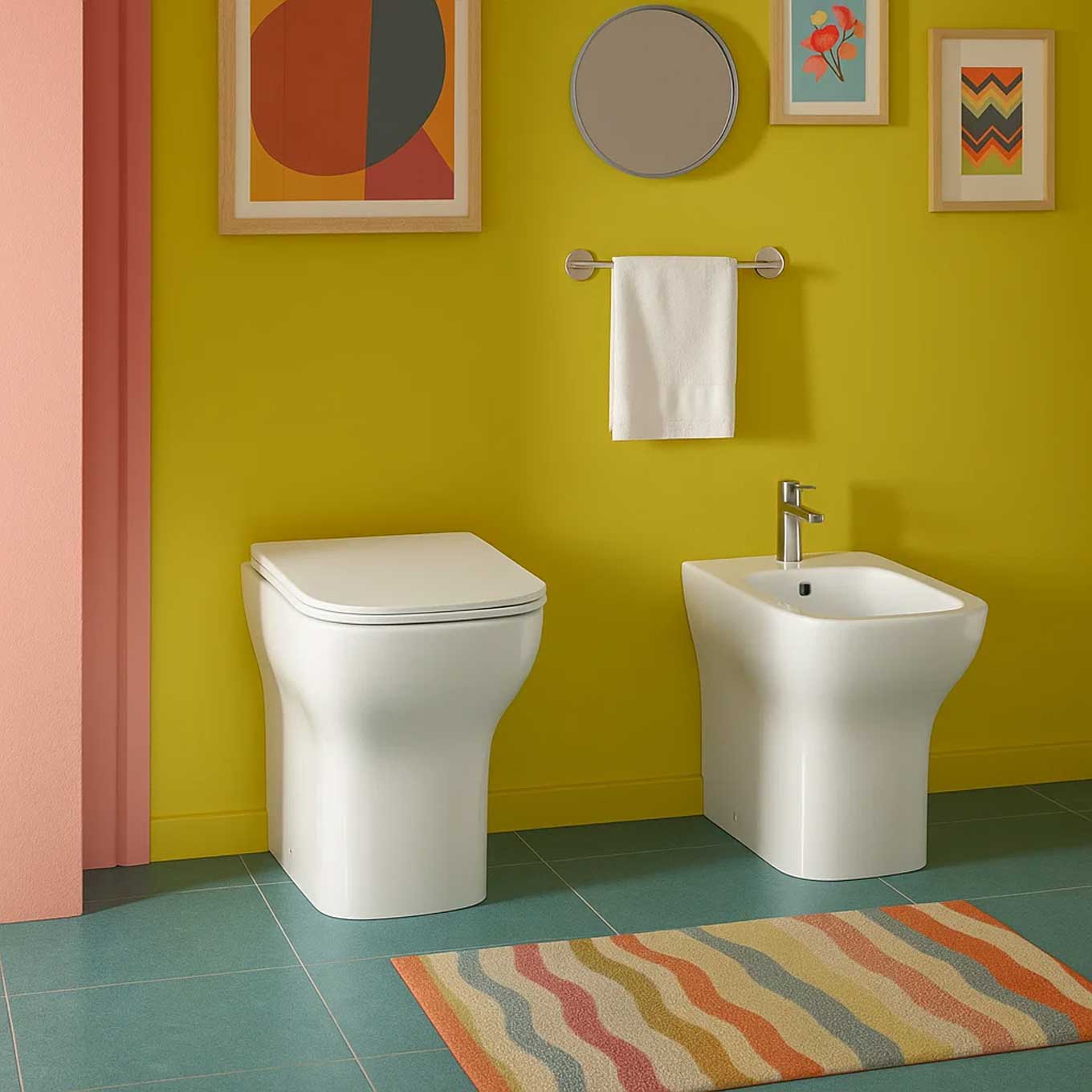 Paar wandbündige Sanitäranlagen WC Bidet und Toilettensitz Modell Reverse von Althea cm 50x36