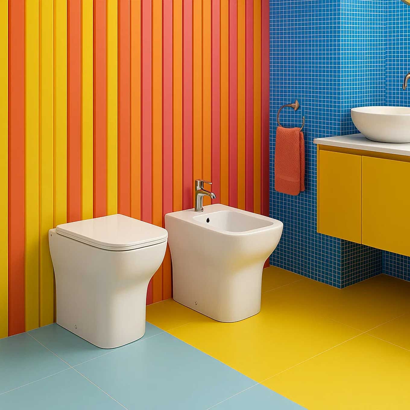 Paar wandbündige Sanitäranlagen WC Bidet und Toilettensitz Modell Reverse von Althea cm 50x36