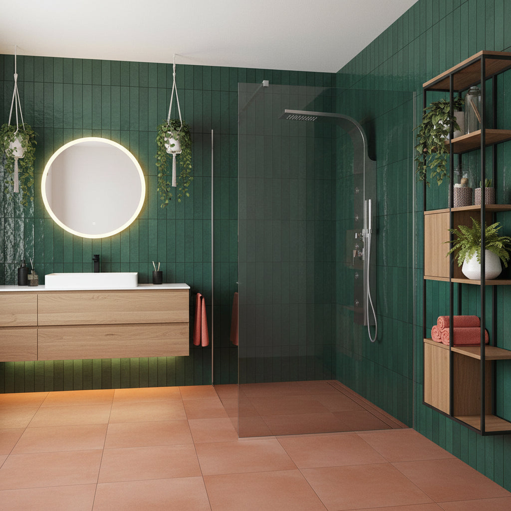 Pannello Doccia in acciaio inox spazzolato con miscelatore a 4 vie soffione con cascata, idromassaggio, flessibile e doccetta Smeraldo