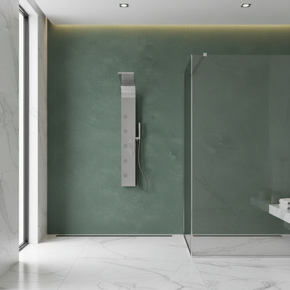 Pannello Doccia in acciaio inox spazzolato con miscelatore a 4 vie soffione con cascata, idromassaggio, flessibile e doccetta Smeraldo