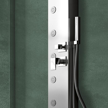 Pannello Doccia in acciaio inox spazzolato con miscelatore a 4 vie soffione con cascata, idromassaggio, flessibile e doccetta Smeraldo
