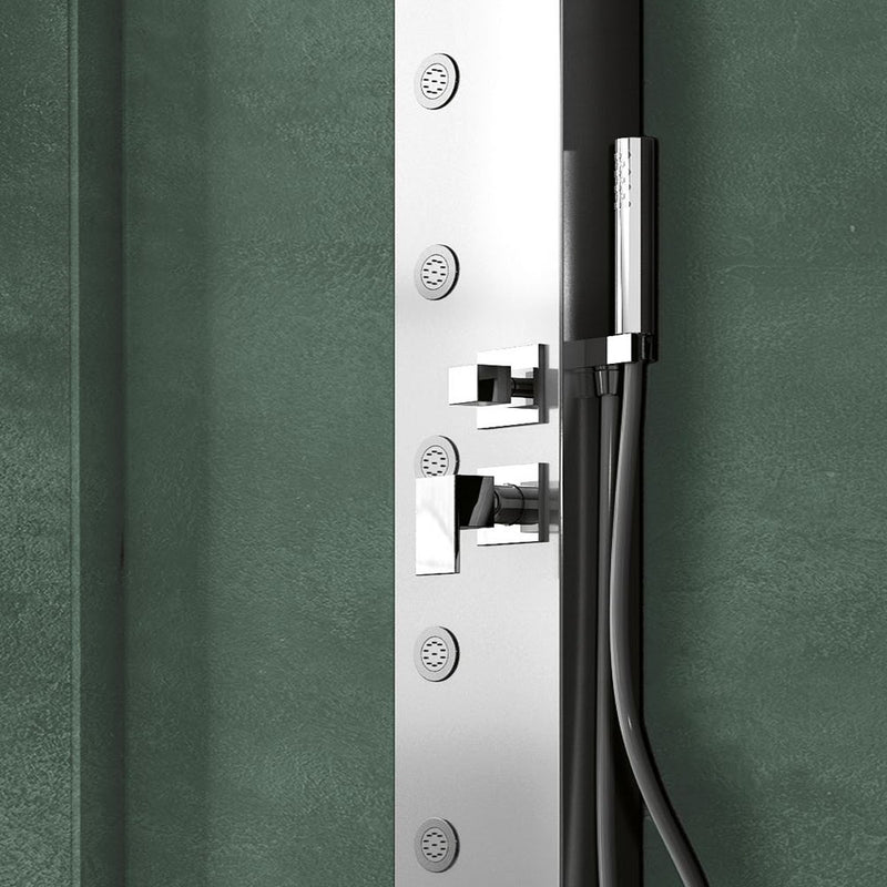 Pannello Doccia in acciaio inox spazzolato con miscelatore a 4 vie soffione con cascata, idromassaggio, flessibile e doccetta Smeraldo