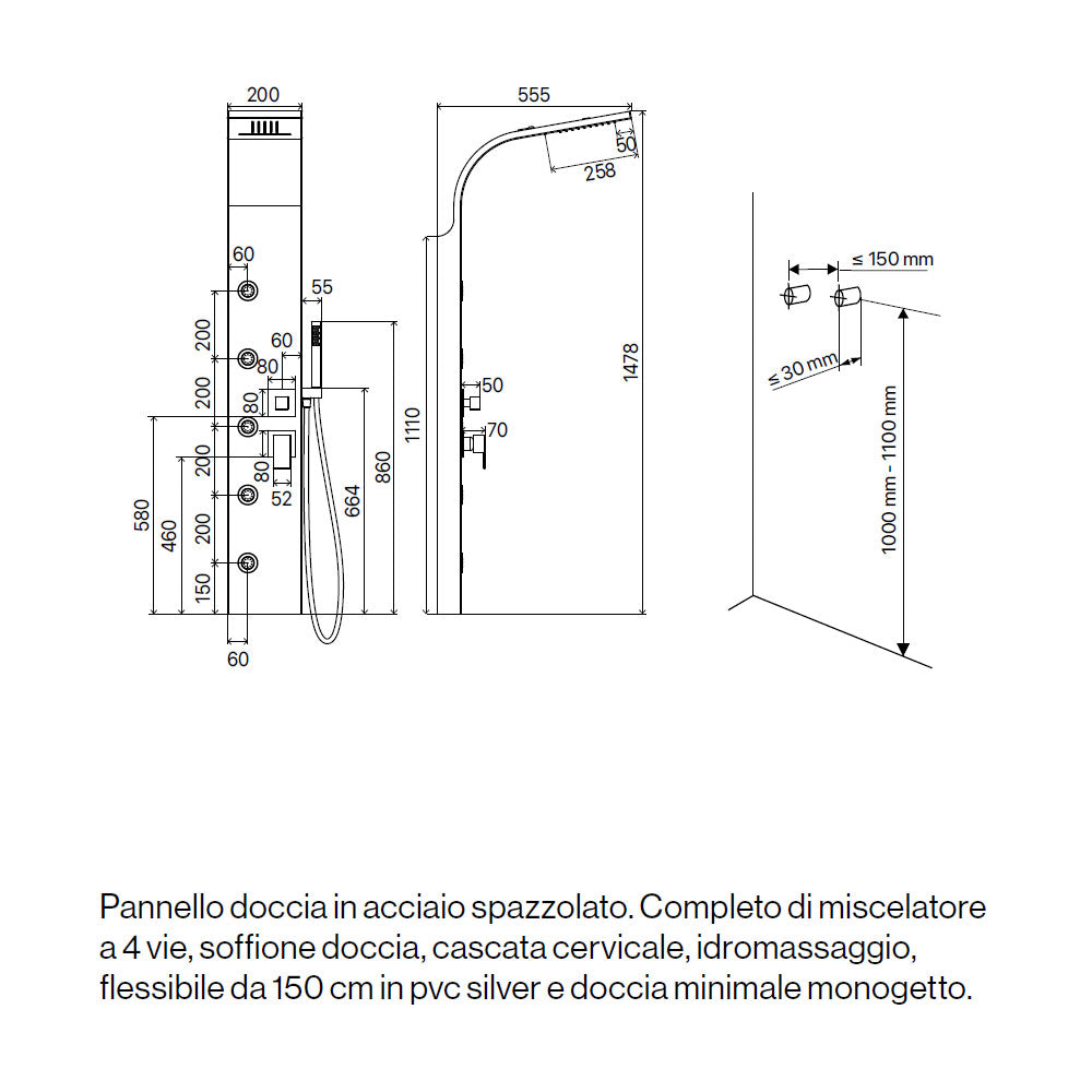 Pannello Doccia in acciaio inox spazzolato con miscelatore a 4 vie soffione con cascata, idromassaggio, flessibile e doccetta Smeraldo