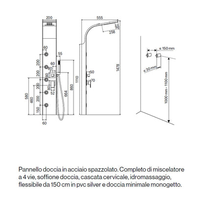 Pannello Doccia in acciaio inox spazzolato con miscelatore a 4 vie soffione con cascata, idromassaggio, flessibile e doccetta Smeraldo
