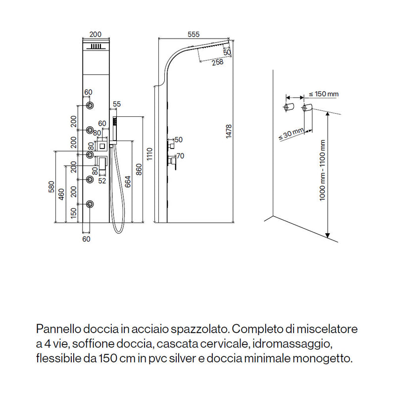 Pannello Doccia in acciaio inox spazzolato con miscelatore a 4 vie soffione con cascata, idromassaggio, flessibile e doccetta Smeraldo