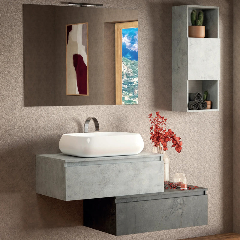 Mobile bagno sospeso Sea 90 con lavabo d'appoggio, specchio e pensile Made in Italy - Cubi&Co