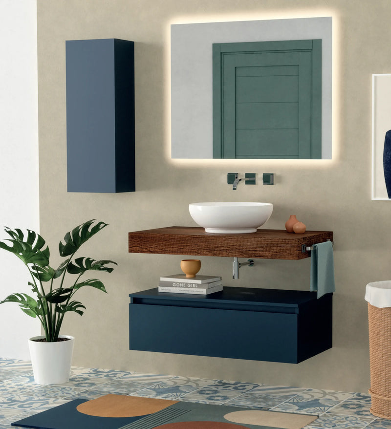 Mobile bagno sospeso Steffy 90 con mensolone, cassetto, specchio LED e pensile Made in Italy - Cubi&Co Steffy