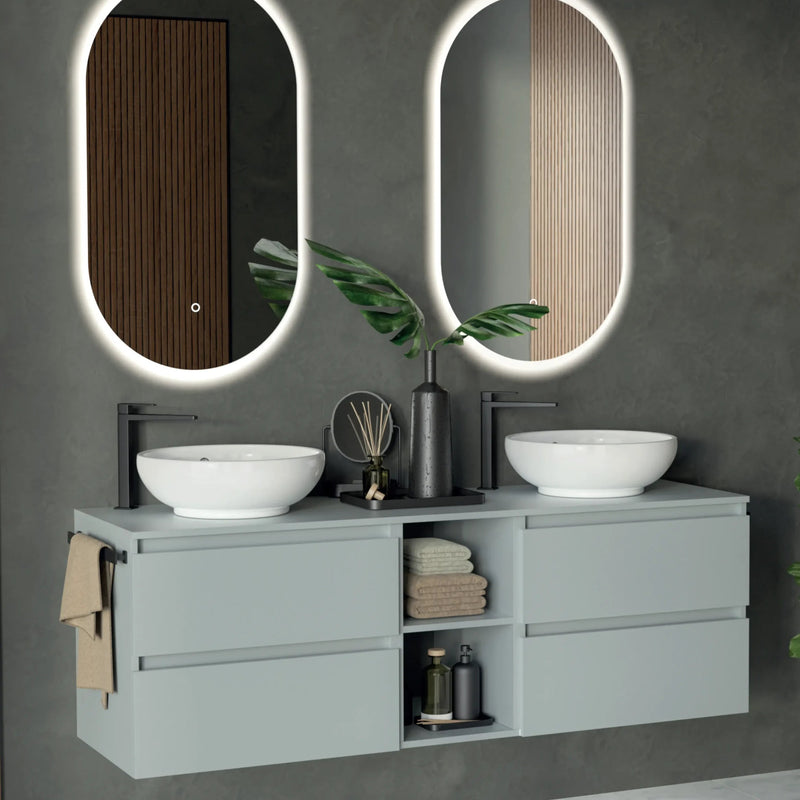 Mobile bagno sospeso Kela 150 cm con doppio lavabo a ciotola e specchi LED - Grigio Londra