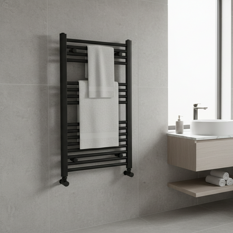 Termoarredo bagno dritto 1120x650 Interasse 600 mm in Acciaio Nero Opaco - Funzionamento Idraulico