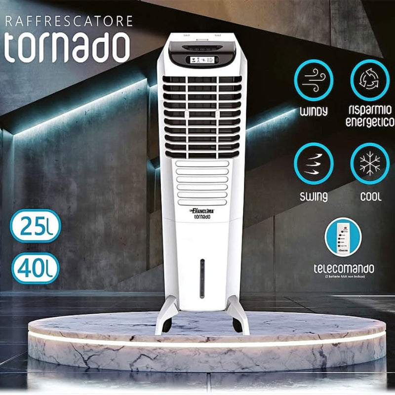 Raffrescatore evaporativo Tornado con capacità serbatoio 25 litri e indicatore di livello. Controllo digitale, adatto ad ambienti fino a 15 mq