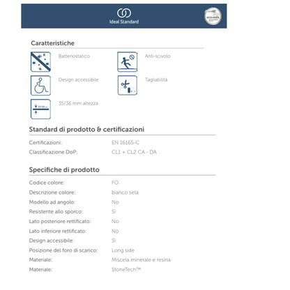 Piatto Doccia  Ideal Standarad Ultra Flat Evo 90x160 cm Bianco Seta in StoneTech completo di copripiletta