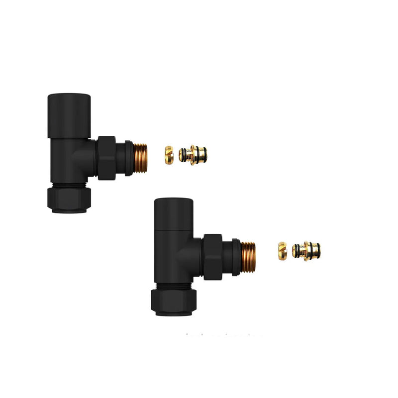Kit valvola e detentore a squadra per termoarredo e radiatori con raccordi multistrato 16x2 mm - Nero Opaco