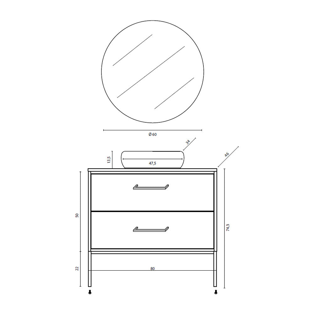 Mobile Sospeso 2 Cassetti 80 CM colore Bianco Opaco con lavabo e specchio tondo da 60 CM Venus