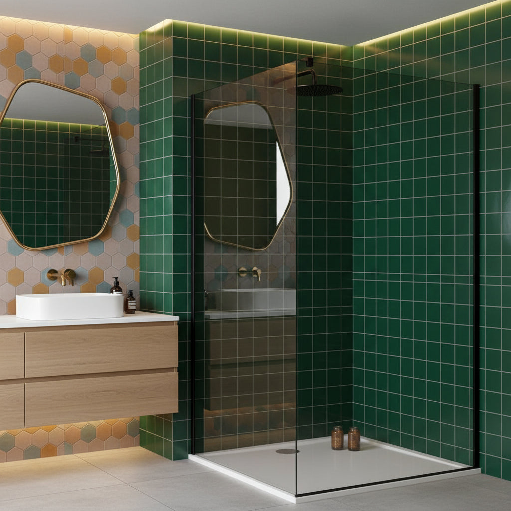 Parete walk-in Perla 120 cm in alluminio verniciato nero e cristallo trasparente 8 mm Anticalcare