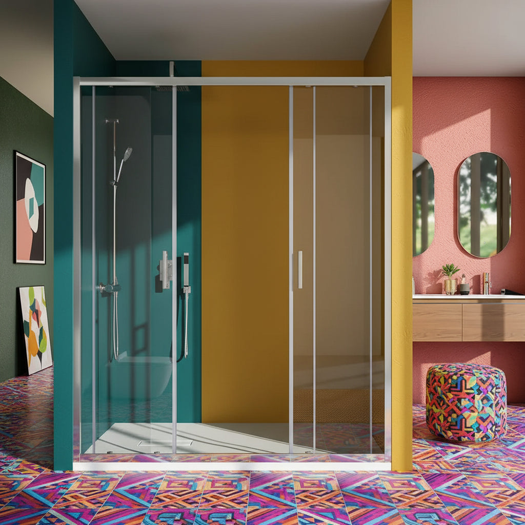 Porta scorrevole Doppia Perla 160 cm alluminio brillantato e cristallo trasparente anticalcare con anta sganciabile