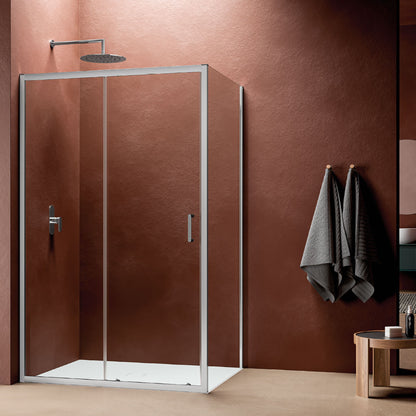 Porta scorrevole Perla 150 cm alluminio brillantato e cristallo trasparente anticalcare con anta sganciabile