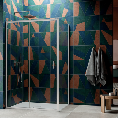 Porta scorrevole Perla 150 cm alluminio brillantato e cristallo trasparente anticalcare con anta sganciabile