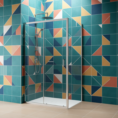 Porta scorrevole Perla 150 cm alluminio brillantato e cristallo trasparente anticalcare con anta sganciabile