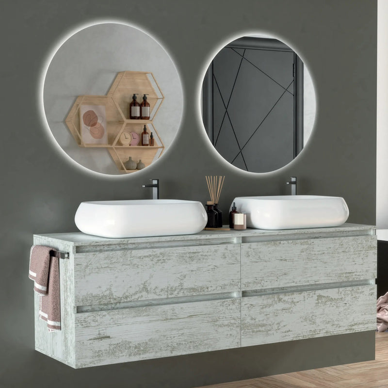 Mobile da bagno sospeso  160 cm Cubi&Co Etna con doppio lavabo e specchi LED retroilluminati Made in Italy - Bianco Vintage